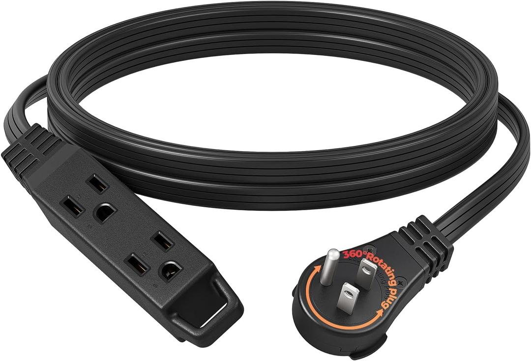 DEWENWILS 10FT Flat Plug Extension Cord, 360 Rotating Plug, 3 Prong Ultra Thin Power Strip, 13A/125V/1625W, 16 Awg Grounded Flat Power Cable for Indoor Narrow Space, SPT-3, ETL Listed, Black