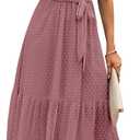 BTFBM Women Summer Bohemian Floral Casual Wrap V Neck Ruffle Cap Sleeveless Belt A-Line Pleated Hem Midi Sun Dress White (Swiss Dot Bean Paste Red)