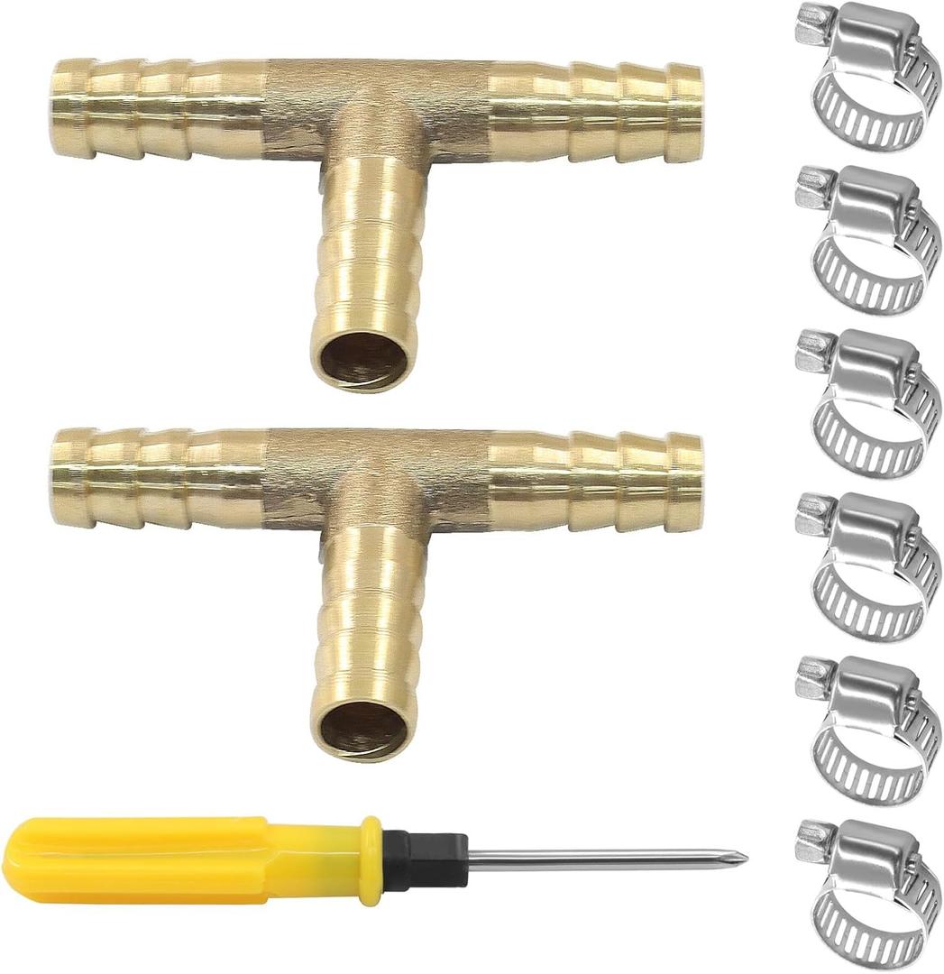 2 Pcs 5/16" Brass Tee Barb Fittings with 6 pcs Stainless Steel Pipe Clamps, 3 Way T Shape Union Intersection Hose Barb Splicer for Water/Fuel/Air