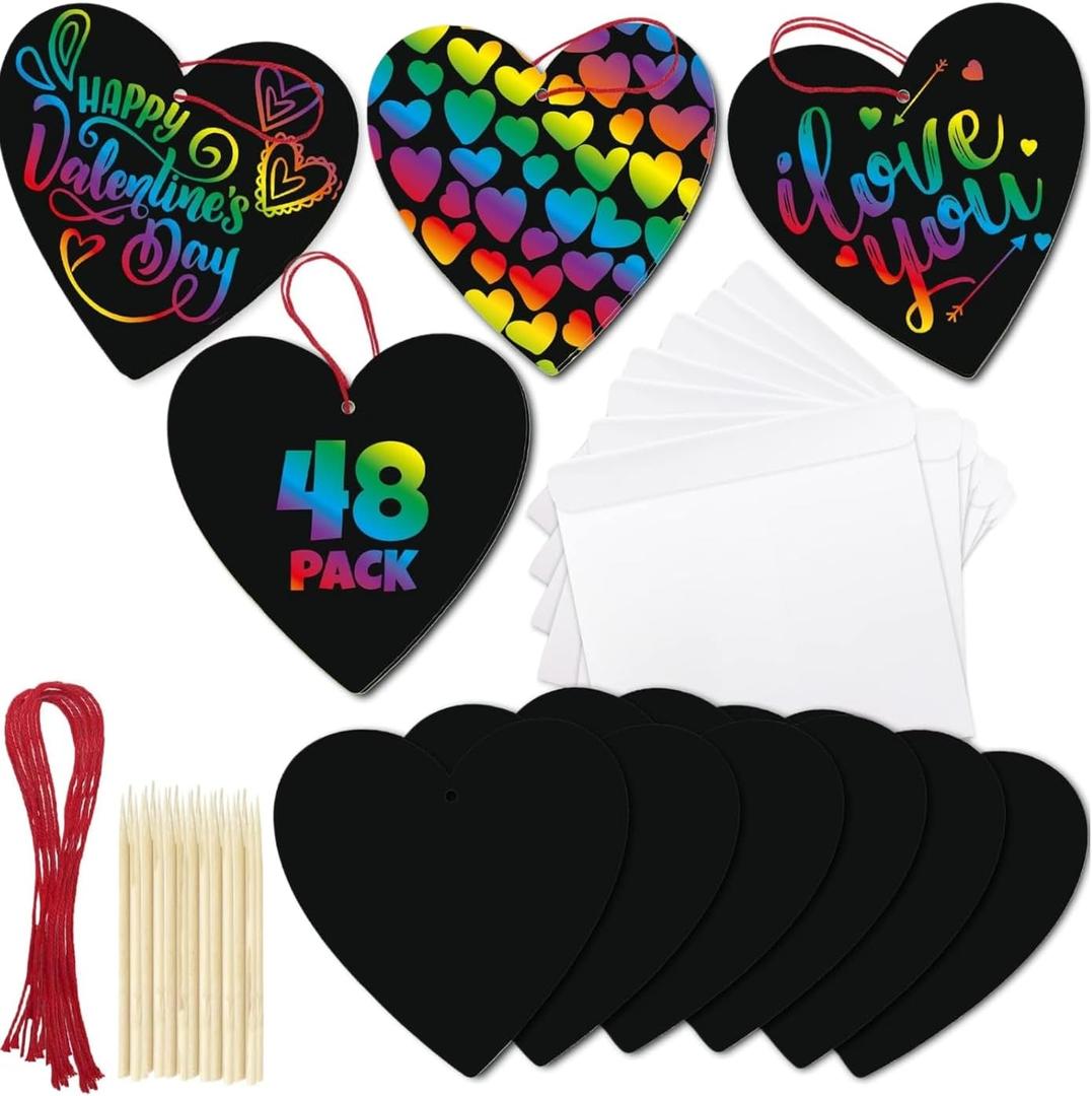 ArtCreativity 48 Pack Scratch Off Valentine Cards for Kids Classroom, Set of 48 Valentine Cards Ink-Free Scratch Off Hearts with Sticks, Red String, and Envelopes, Valentines Crafts