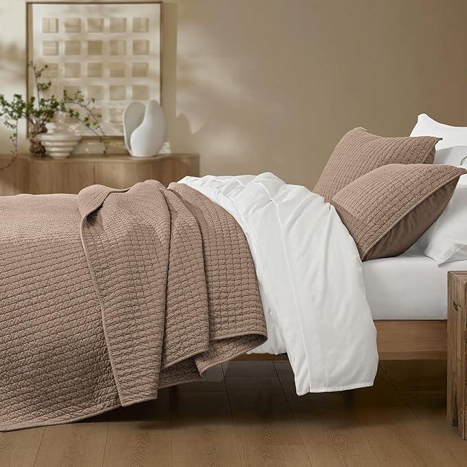 Wonderful 100% Cotton Jersey Queen Quilt - Stitch Heather Mocha Coffee Quilt with 2 Pillow Shams - Soft & Breathable, All-Season Use, Hypoallergenic, Prewashed, Bedspread & Coverlet, 94"x94"