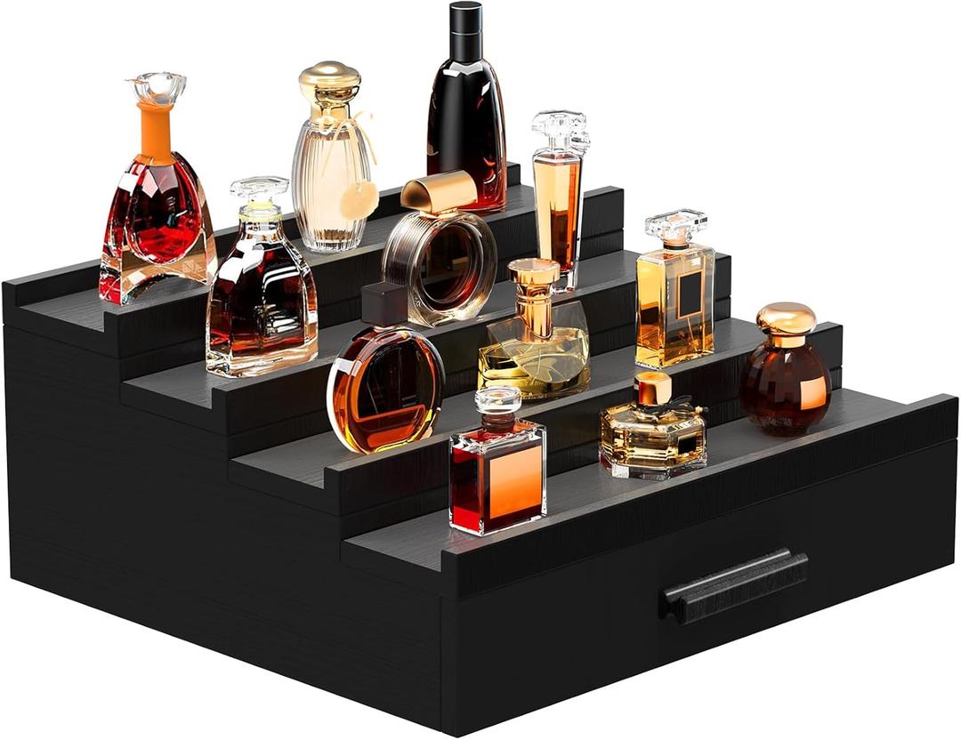 Wooden Cologne Organizer for Men 4 Tier of Perfume Display Holder of Drawer & 2 Hidden Compartments Larger Storage Space Mens Perfume Organizer Shelf Stand,Gift for Man (4T-Black)