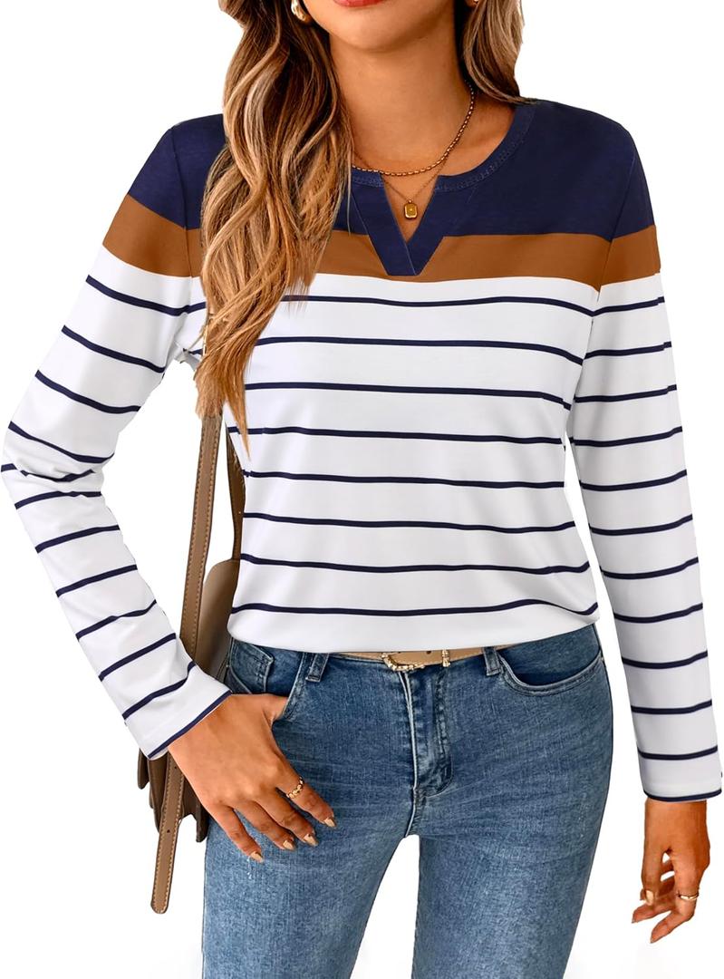 SOFIA'S CHOICE Striped Shirt Women Basic Casual V Neck Long Sleeve T Shirts Deep Blue White, Small 