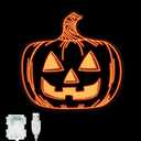 Halloween Pumpkin Night Lights, 15.35" x 15.86" Lighted Silhouette Decor for Window, Door, Wall, Glowing Pumpkin Holiday Display, 6Hr Timer, Battery/USB & Plug-in Lights Sign for Kids Party Decor 1pc