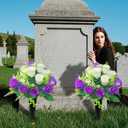 Artificial Cemetery Flowers,Cemetery Flowers for Grave,Outdoor Grave Decorations Roses,Memorial Flowers Bouquet with Cemetery Vase for Headstone Tombstone Decoration,2 Sets (Purple White)