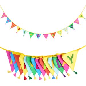 GCQQ Happy Birthday Fabric Banner - 4.2M Colorful Double-Layer Cotton Bunting Floral Pennant Nursery Garlands with 14PCS Triangle Flags & Tassels for Kids Boys Girls Baby Shower Birthday Party Decor (Bright Rainbow)