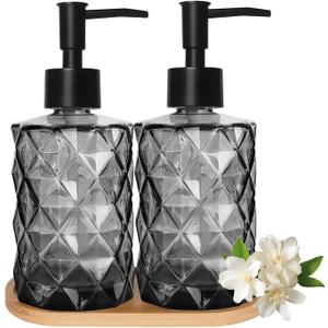 GKSCXEXE 2PCS Black Glass Diamond Soap Dispenser Set, 12 oz, 2 Pack, Reusable, Refillable, Eco-friendly, Clear, Tray & Plastic Pump, Kitchen, Bathroom