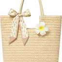 Straw Tote Bag for Women, Large Summer Beach Bag With Polka Dot Scarf & Plumeria Flower (Beige)