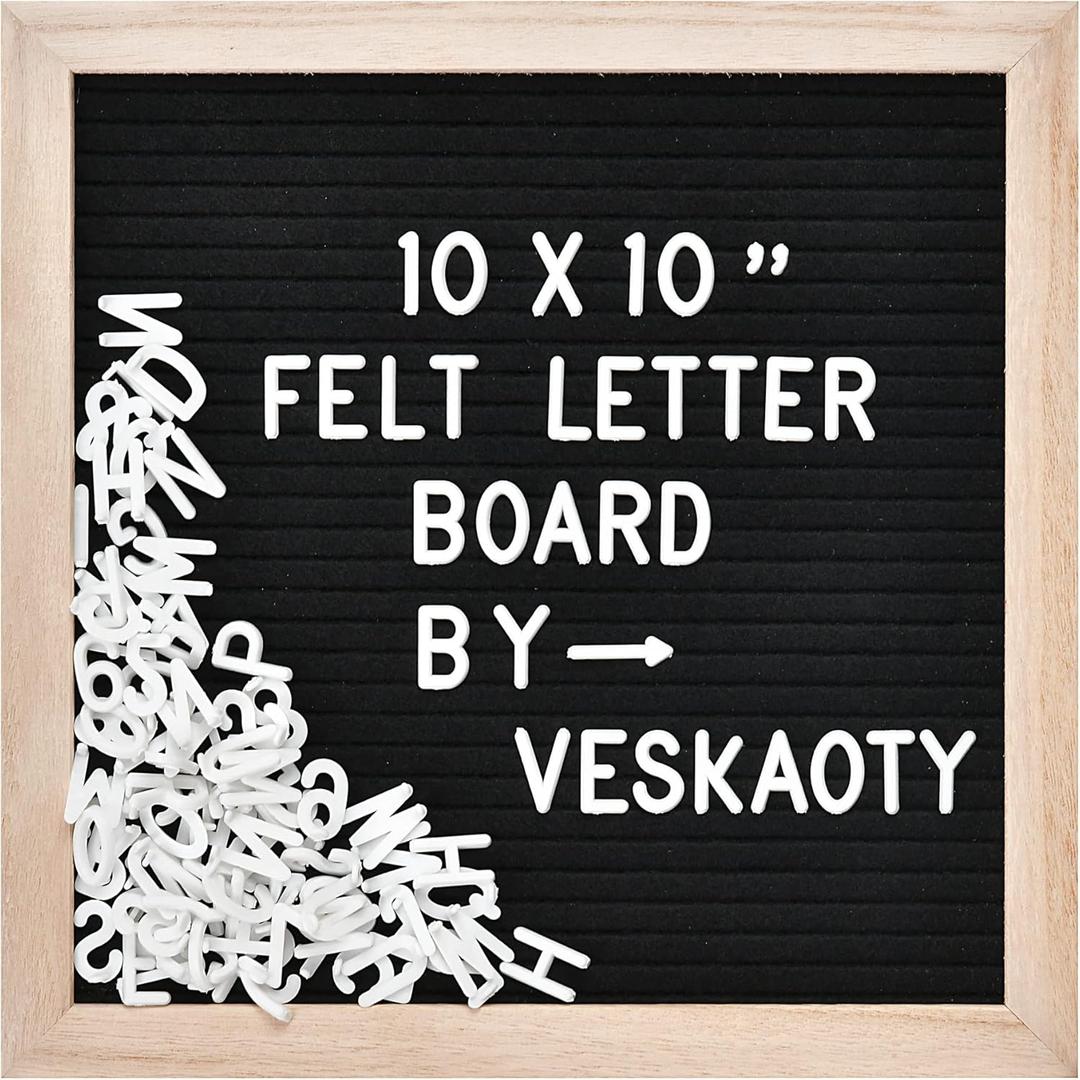Felt Letter Board with Letters, 10 x 10 inch Changeable Message Board with Wooden Frame Wall Mount Hook, Black & Wood