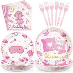 96Pcs Sleepover Party Supplies for Girls Pink Pajama Pillow Fight Plates and Napkins Disposable Slumber Spa Makeup Tableware Set for Girls Ladies Night Birthday Bachelorette Party Decorations Serves24