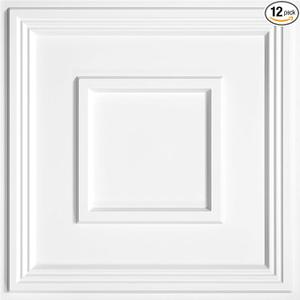STICKGOO PVC Ceiling Tiles, 2'x2' Glue Up Ceiling Panel White to Prevent Breakage Cover 48 Sq. Ft, Pack of 12 Tiles