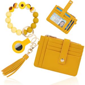 Wristlet Wallets for Women Cute Keychain Wallet with AirTag Holder RFID Small Credit Card Holder Boho Beaded Wallet Keychain WristletYellow
