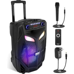 Pyle Portable Bluetooth PA Speaker System-800W 12 Indoor/Outdoor Bluetooth Speaker Portable PA System-Party Lights, USB SD Card Reader,FM Radio, Rolling Wheels-Wireless microphone,Remote- PPHP121WMB