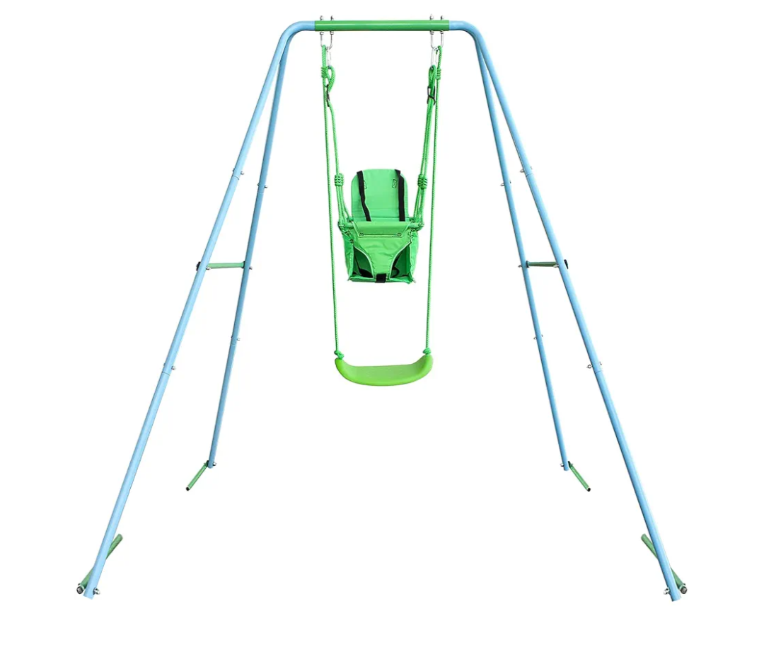 2-in-1 Toddler Swing Set with Metal Stand, Safety Belt & 4 Anchors - A-Frame Swing for Kids 6 Months+ (Blue, Indoor/Outdoor Backyard Playground)