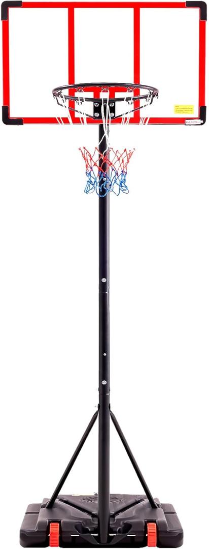 Sweetcrispy Portable Basketball Hoop Outdoor, Adjustable Height, Shatterproof Backboard/Shock Absorbent Rim, Fillable Base, 2 Wheels for Backyard/Driveway (5.08-8.53FT, Red & Black)