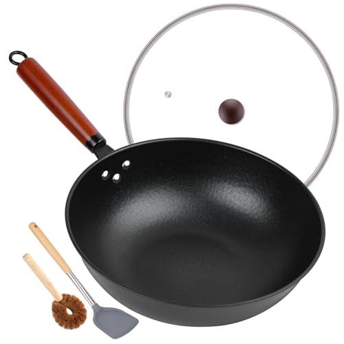 13" Nonstick Wok - Wok Pan with Glass Cover, Carbon Steel Woks & Stir-Fry Pans: Flat Bottom Chinese woks for Electric, Induction, Gas, All Stoves