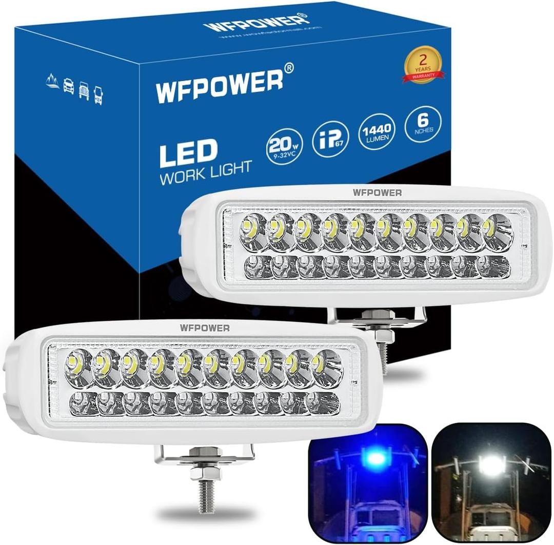 WFPOWER LED Marine Boat Lights, 6.3Inch White & Blue Spreader 2 In 1 Deck Spot Light IP67 Waterproof Double Row T-Top Dock Fog Spotlights for Pontoon Boat Fishing Accessories Truck 12V 24V (2 Pack)