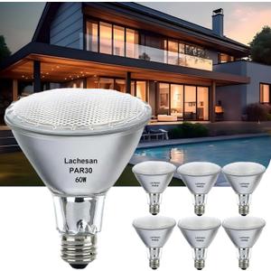 Par30 Long Neck Halogen Flood Light Bulbs 6pcs, 60W 120V 2700K Warm White Dimmable High Brightness, E26 Base, Great for Accent Lighting, Tracking, Recessed Bulb