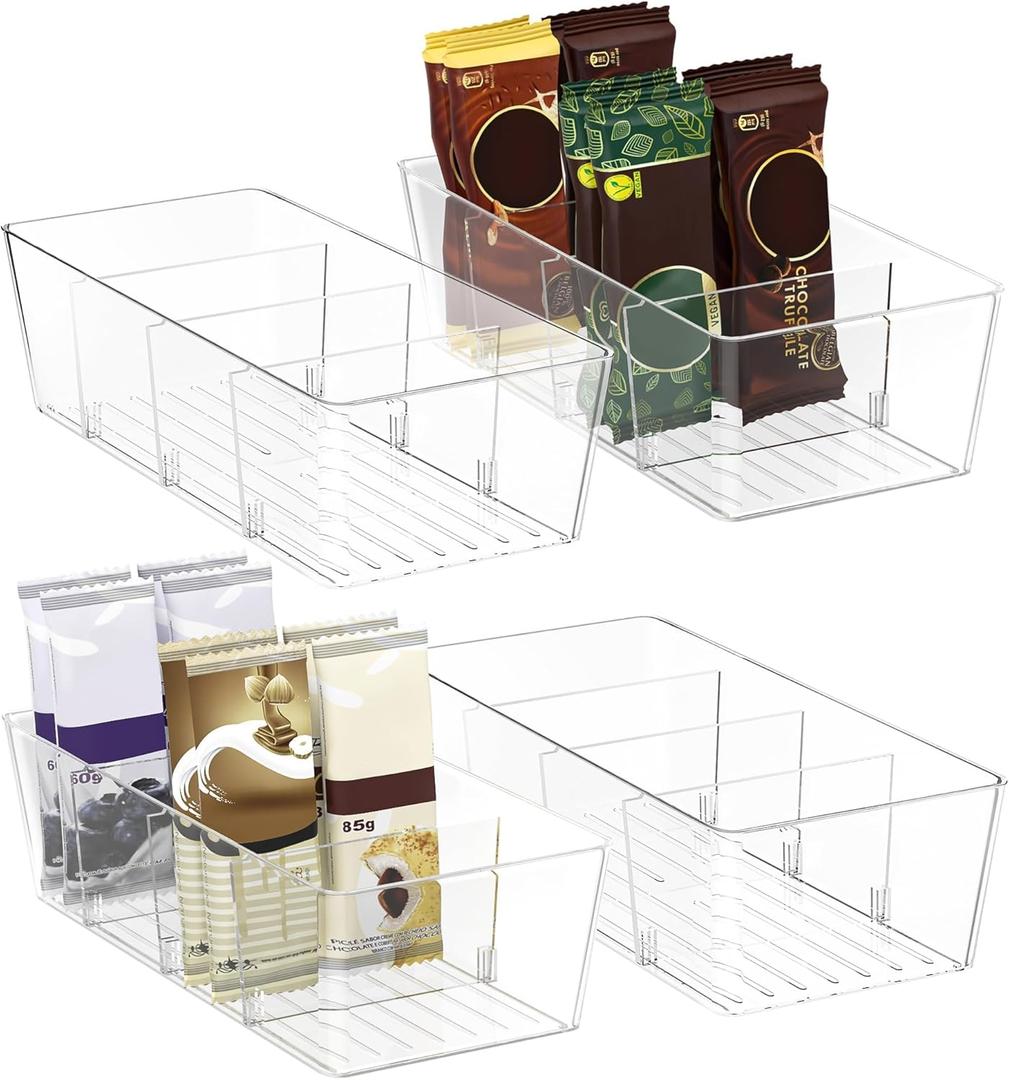 BALEINE Clear Plastic Storage Bins with 3 Removable Dividers, Pantry Organization, BPA Free Stackable Refrigerator Organizers and Storage for Kitchen Fridge Cabinet Bathroom (10.5x6.1x3.5, 4PK)