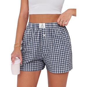 ANRABESS Boxer Shorts for Women Gingham Pajama 2025 Summer Casual Lounge Sleep Plaid Shorts Y2K Beach Bottoms (Small, Navy Blue White Plaid)
