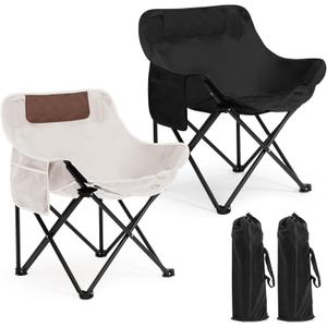 2 Pack Compact Camping Chairs Portable Folding for Outside with Carry Bag Lightweight Moon Chairs for Travel Picnic Hiking Beach Fishing, 600D Oxford, Supports 330lbs(White, Black)