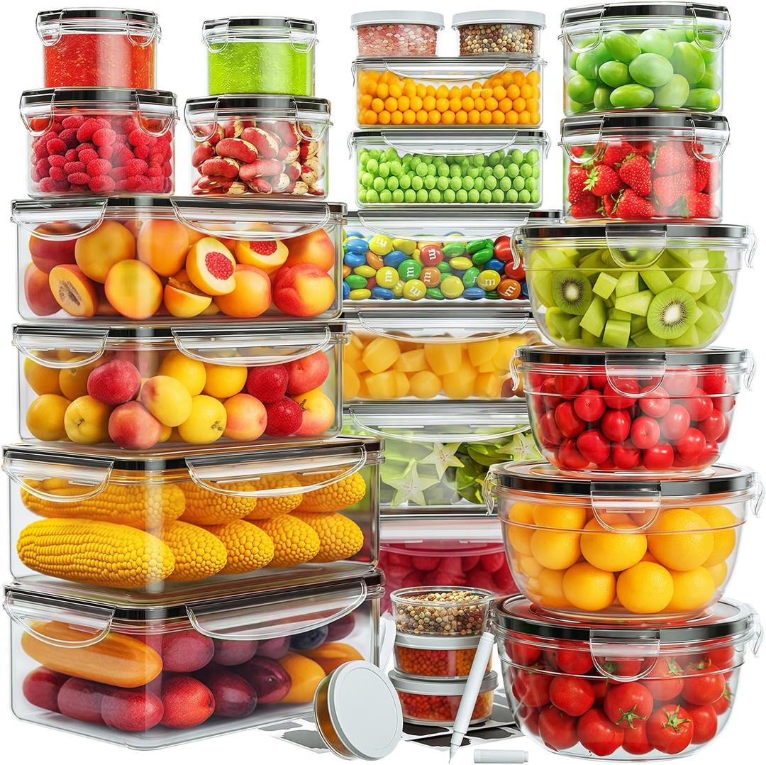 Food Storage Containers with Lids Airtight (26 Lids & 26 Containers)- Reusable Plastic Leakproof Meal-Prep Container for Kitchen Storage Organization Microwave/Dishwasher Safe with Labels & Pen