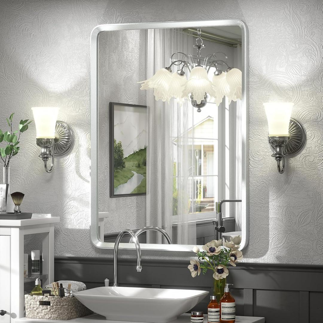 22x30 Inch Silver Bathroom Mirror, Silver Metal Frame Mirror, Rounded Rectangle Bathroom Vanity Mirror, Shatterproof, Anti-Rust (Horizontal/Vertical)