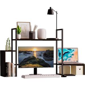 Wooden 2-Tier Desktop Shelf with RGB Light Strip - 48.8" Desk Organizer for Max 28" Monitor - Home Office & Dorm Bookshelf - Black