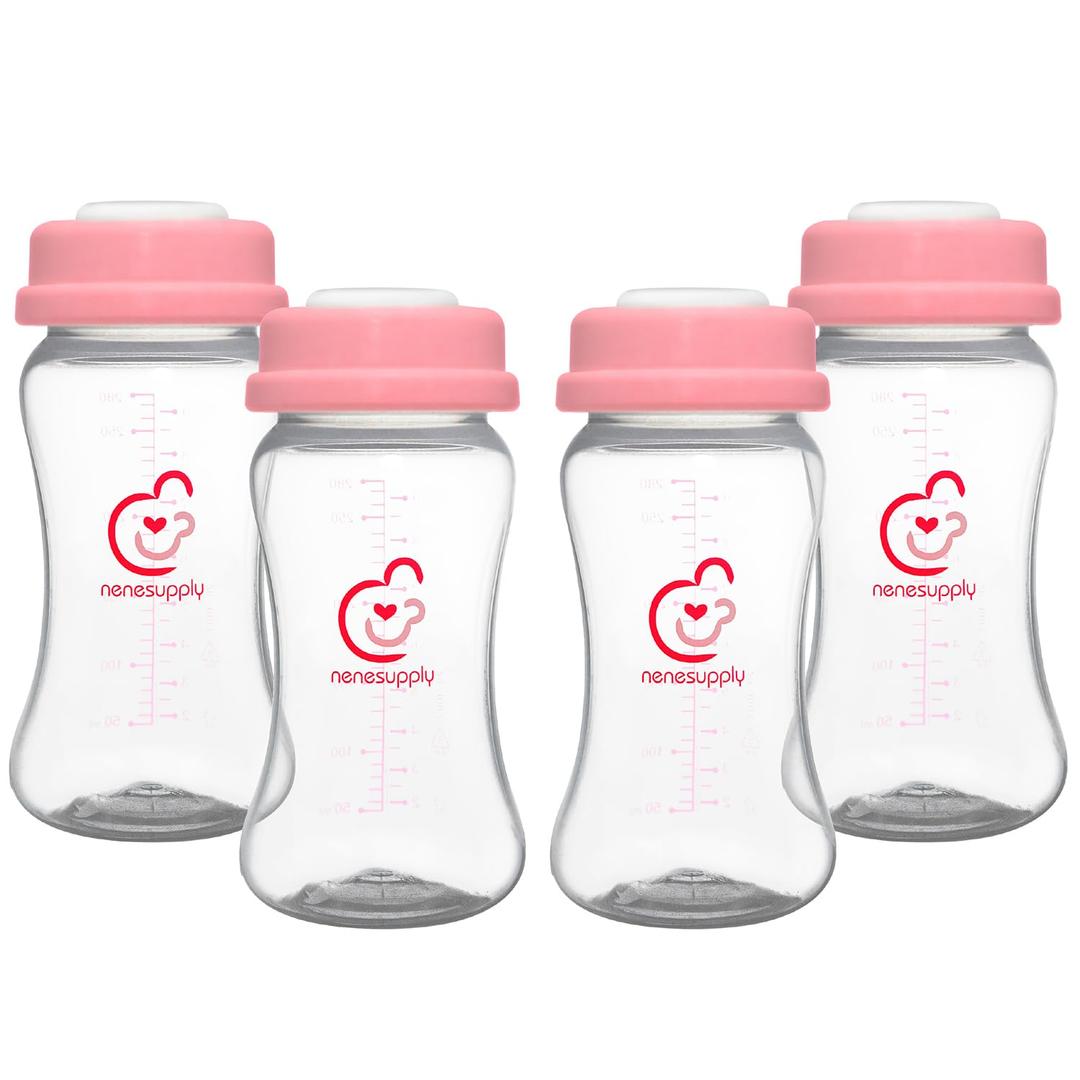 NENESUPPLY Breastmilk Storage Bottles Collection for Spectra S1 S2 Motif Luna Breast Pumps 4 pc 9oz 280ml with Collar and Sealing Disc. Replace Spectra Bottles for Pumping Wide-Mouth (Pink1)