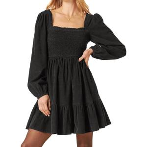 R.Vivimos Womens 2026 Fall Corduroy Cotton Long Sleeve Square Neck Elastic Smocked A-Line Ruffle Mini Dress