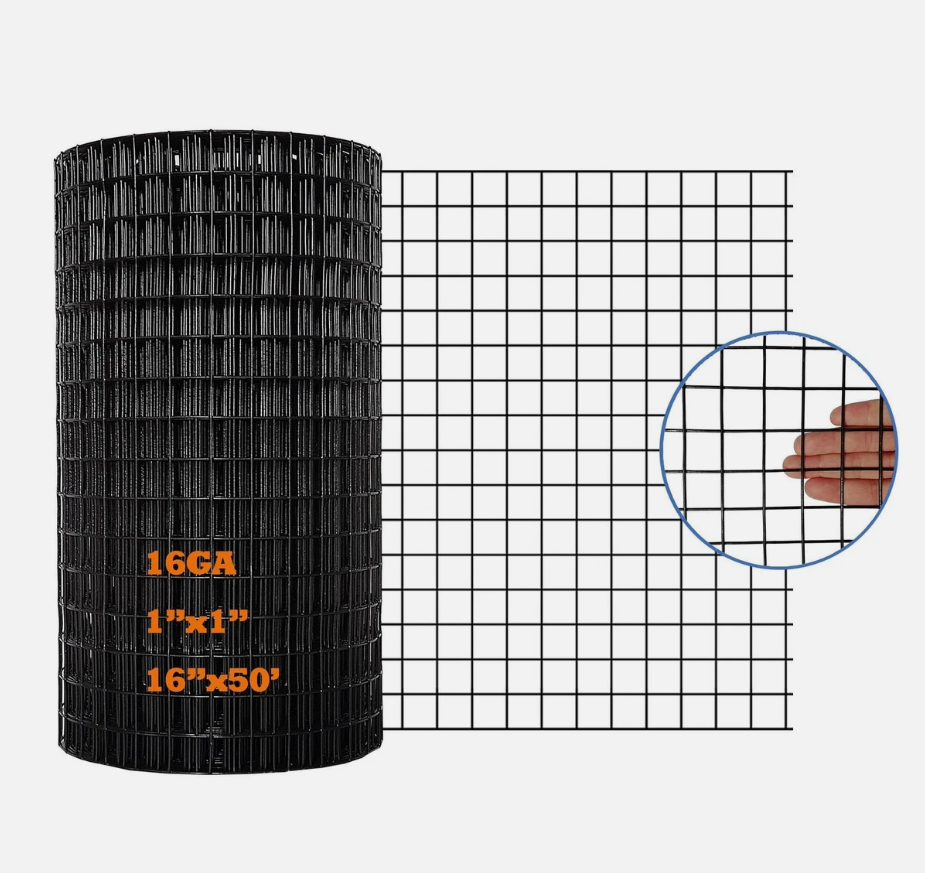 Black PVC Coated Welded Wire Mesh Garden Economy Fence 16 Inch x 50 Foot - 1" X 1"
