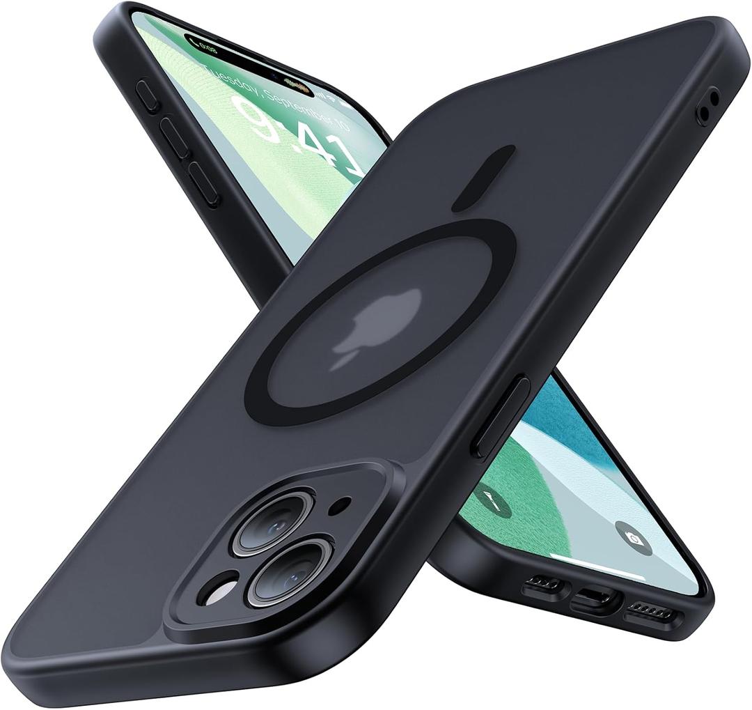 Magnetic for iPhone 15 Case,Upgraded [Full Camera Protection][Compatible with Magsafe][Military Grade Drop Protection]Shockproof Protective Slim Translucent Matte Phone Case for iPhone 15,Black