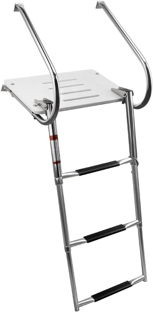 Universal Inboard/Outboard Swimming Ladder with Fiberglass Platform, Telescopic Boat Ladder with 2 Handrails, Extendable Folding Stepladder for Marine, Ship, Yacht and More (3 - Step)