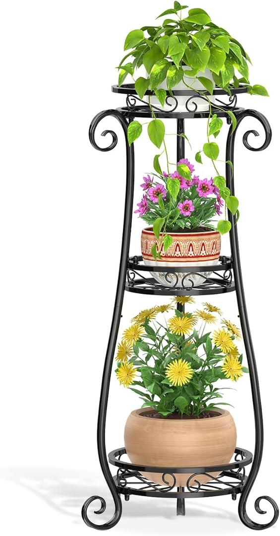 LASZOLA 3-Tier Black Metal Plant Stand for Multiple Large Planters, Indoor Outdoor Organizer, Heavy Duty Tall Flower Holder for Corner, Patio, Bathroom, Office