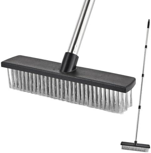 Wire Bristle Outdoor Scrub Brush with 60" Long Handle, Metal Stiff Bristle Floor Deck Scrubbing Brush Scrubber for Cleaning Moss, Tough Stains on Concrete, Grout, Garden, Garage, Patio