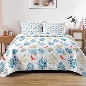 Pamnest Quilt Set Full/ Queen Size, Nautical Coastal 3 Pcs Soft Bed Cover Bedding Set for Kids and Adults, Blue Beach Ocean Starfish Lightweight Bedspread Coverlet with Pillow Sham for All Season