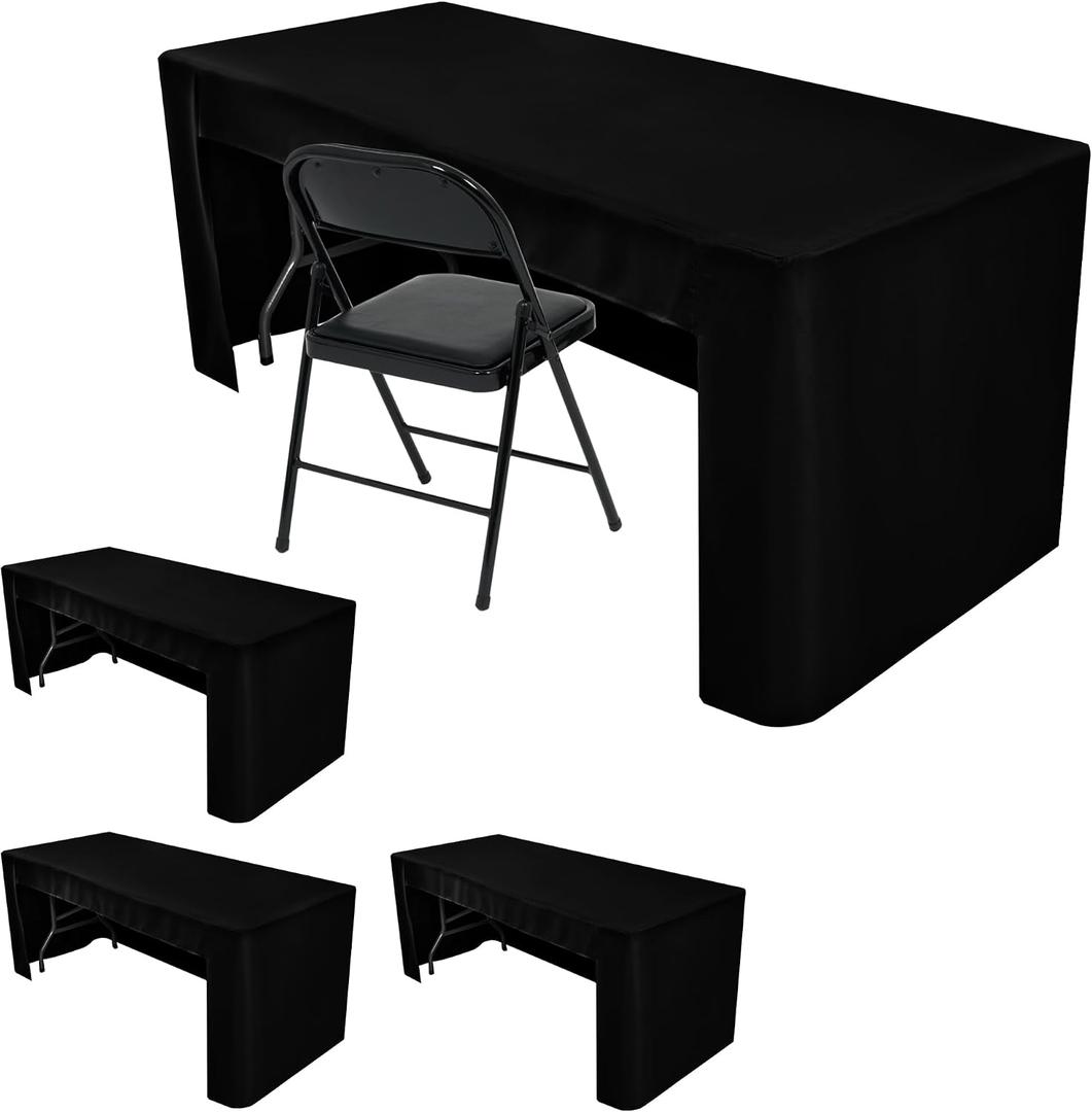 HolidayIdeas 4-Pack Open Back Table Cloths for 6 Foot Tables, Water Repellent Fitted Black Table Covers, 3-Sided Oxford Polyester Tablecloth for Vendor Booth, Craft Fairs, Registration Desk