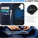 SHIELDON Wallet Case for iPhone 16 5G 2024, Genuine Leather Folio Book Magnetic Closure RFID Blocking Card Slots Kickstand Full Protection Case Compatible with iPhone 16 6.1" - Retro Dark Blue