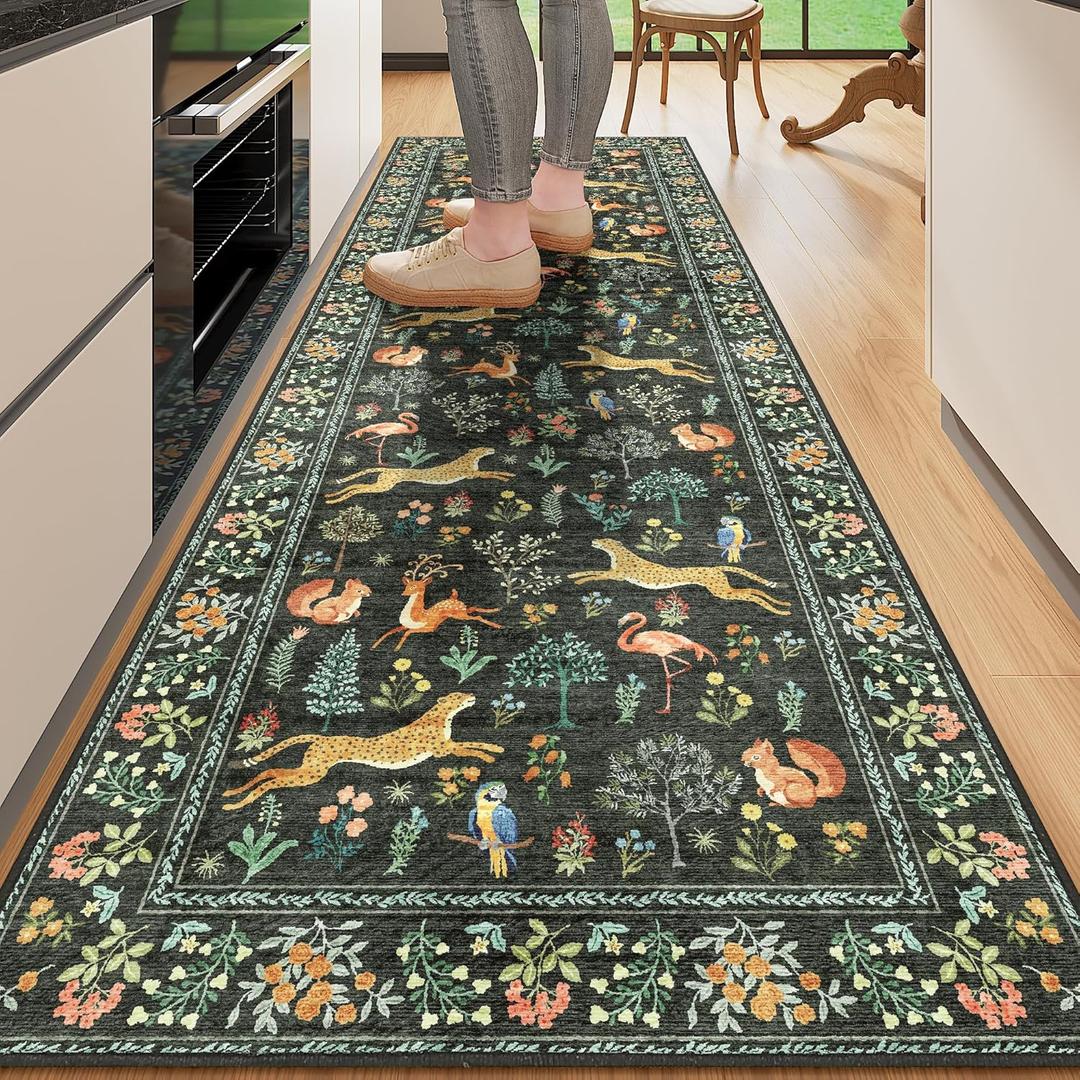 DUKINO 2x10 Rug for Hallway, Washable Kitchen Runner Rug with Non Slip Backing, Soft Low Pile Vintage Animal Runner for Bedroom, Kitchen, Hallway, Entryway, Laundry, Black