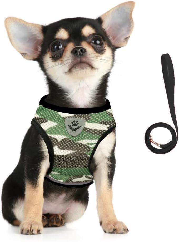 FEimaX Dog Harness and Leash Set for Walking, Soft Mesh Adjustable Easy Control Lightweight Cat Vest Harnesses with Reflective Strips, Escape Proof Small Dogs Cats Vests (Camouflage)