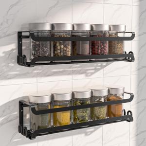 LUCYCAZ 2 Pack Wall Mounted Spice Rack with 8 Hooks, Spice Organizer Shelf for Stove Cabinet Pantry Door,Screw or Adhesive Spice Shelf Hanging Wall Spice Rack in Kitchen and RV (Black, 2 PACK)