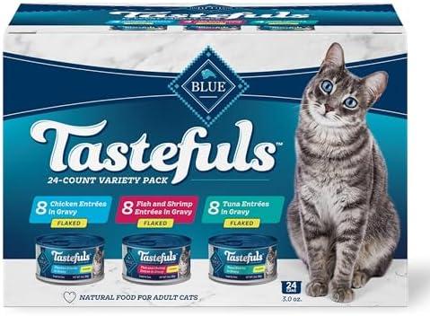 Blue Buffalo Tastefuls Flaked Wet Cat Food Variety Pack, Made with Natural Ingredients, Tuna, Chicken, Fish & Shrimp, 3-oz Cans (12 Count, 4 of Each), Best By: 02/16/2028