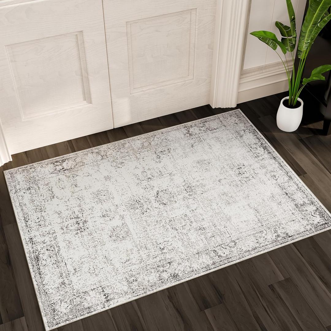 Istana Rug 2x3 - White Cream/Grey Area Rugs - Foldable Non-Shedding Washable Living Room Rug - Anti-Slip Rubber Backed Rugs 2x3 w/Soft Microfiber