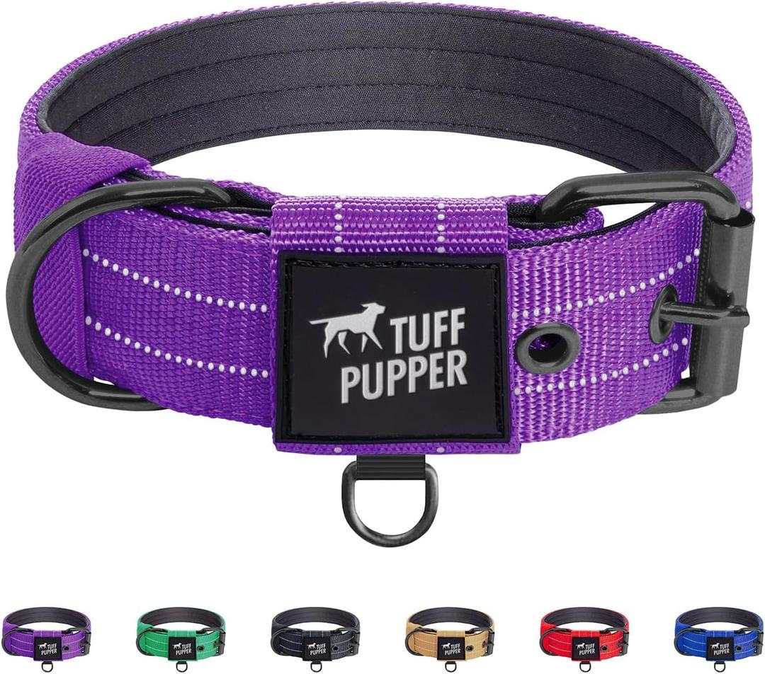 Tuff Pupper Heavy Duty Tactical Dog Collar | 1.5" Wide Ballistic Nylon | Reflective Stitching | Integrated ID Tag Holder | Stainless Steel Buckle | Padded Lining | Medium & Large Dogs (Purple, Medium)