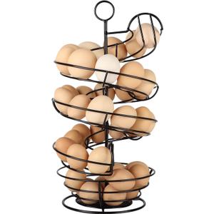 QUTREY Black Metal Egg Holder Countertop, Fresh Egg Skelter, Spiral Design Egg Dispenser Rack with Storage Basket for Display Easter Eggs (2 rails for med egg)