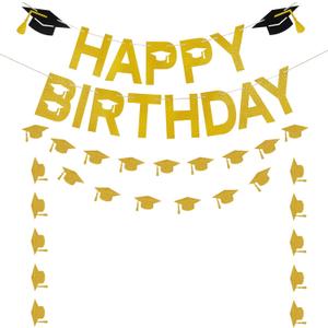 Gold Glitter Happy Birthday Graduation Banner, 2026 Graduation Birthday Banner Happy Birthday Graduation Party Decorations 2026 for 2026 Graduation Themed Birthday Party Decorations