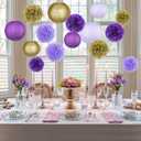 KAXIXI Hanging Party pom pom Set, 15pcs Purple Gold Paper Flowers Pom Poms Balls and Paper Lanterns for Wedding Birthday Bridal Baby Shower Graduation, LanternPomPom010