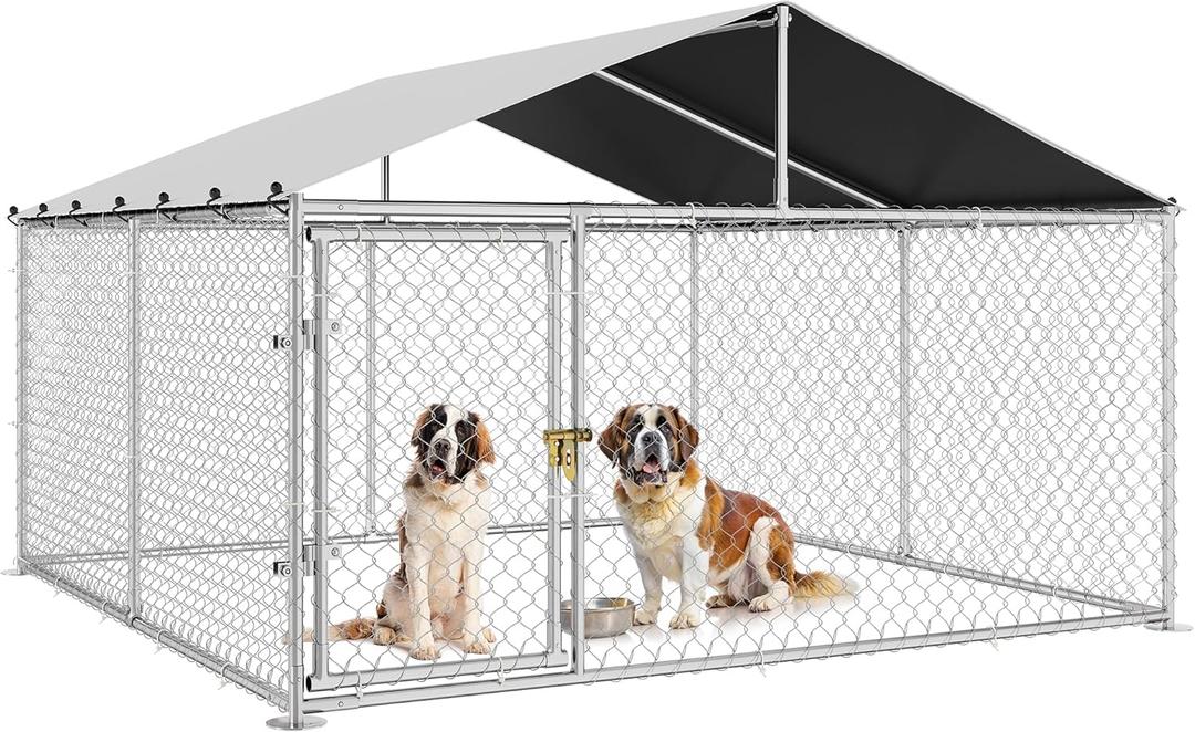 Outdoor Dog Enclosure with Roof, 10'x10' Dog Kennel Outside with Metal Gate, Dog House Large Dogs for Yard