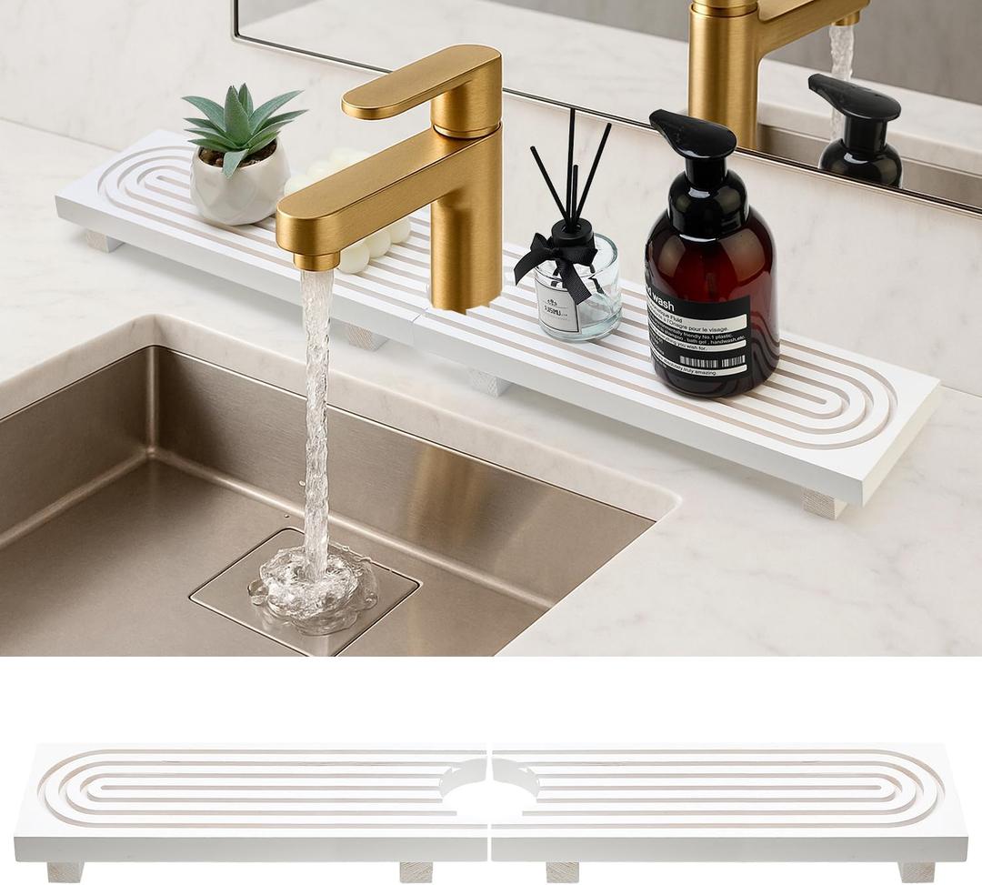 Sink Faucet Mat Large Wood Kitchen Sink Protector Mats Bathroom Counter Tray Wooden Risers Pedestal Stand White Kitchen Sink Accessories Drip Catcher Tray Around Behind Faucet Water Splash Guard Mat (23.6" x 4")