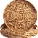 Coffee Table Tray Round Rattan Ottoman Tray Woven Serving Trays with Handles for Home and Kitchen Decorative Natural (Large 14 inch x 2.4 inch)